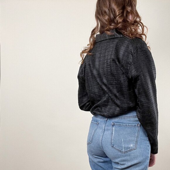 Vintage Crinkle Textured Oversized Button Down Up Relaxed Fit Blouse Shirt Top - Picture 3 of 8